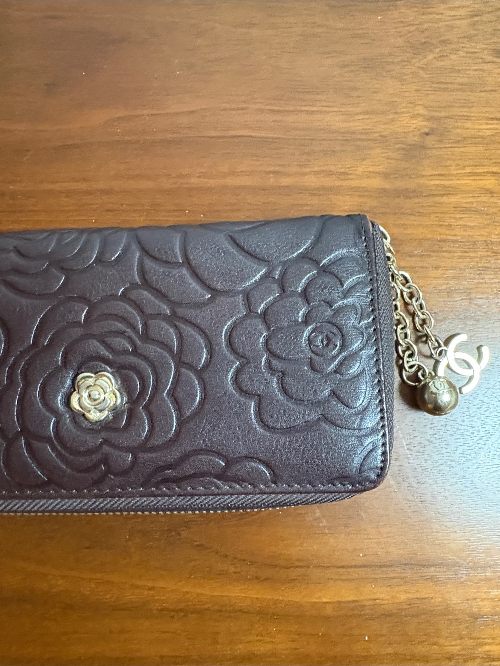 Chanel Inspired Floral Zip Leather Wallet with Gold Camellia Accent - Brown